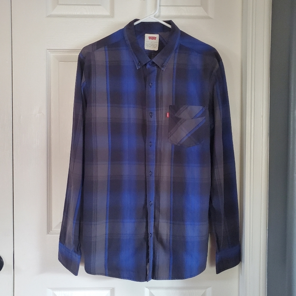 Vintage Levi's Blue Plaid Shirt Button-up Long Sleeve Western Cowboy Size Large